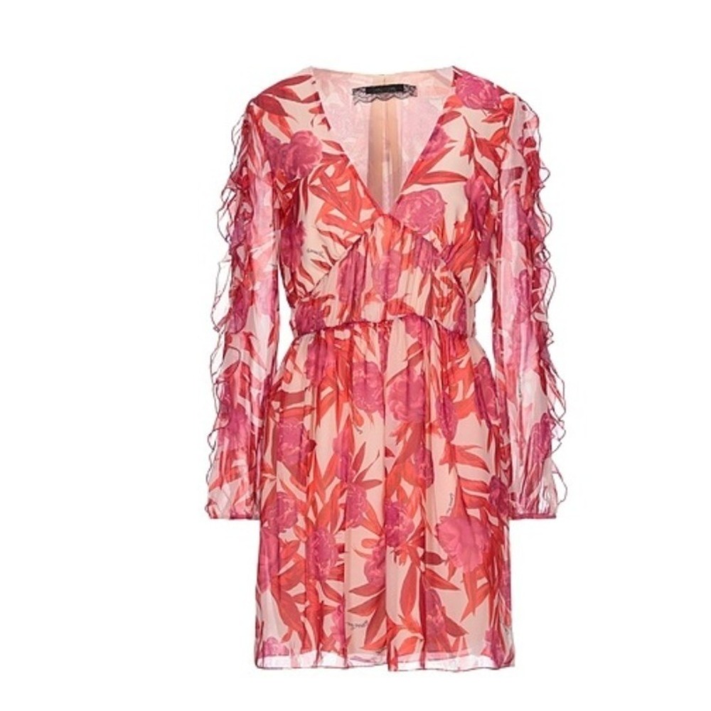 PATRIZIA PEPE Sheer Overlay Designer‎ Red Floral Long Sleeve Ruffle Mini Dress M
